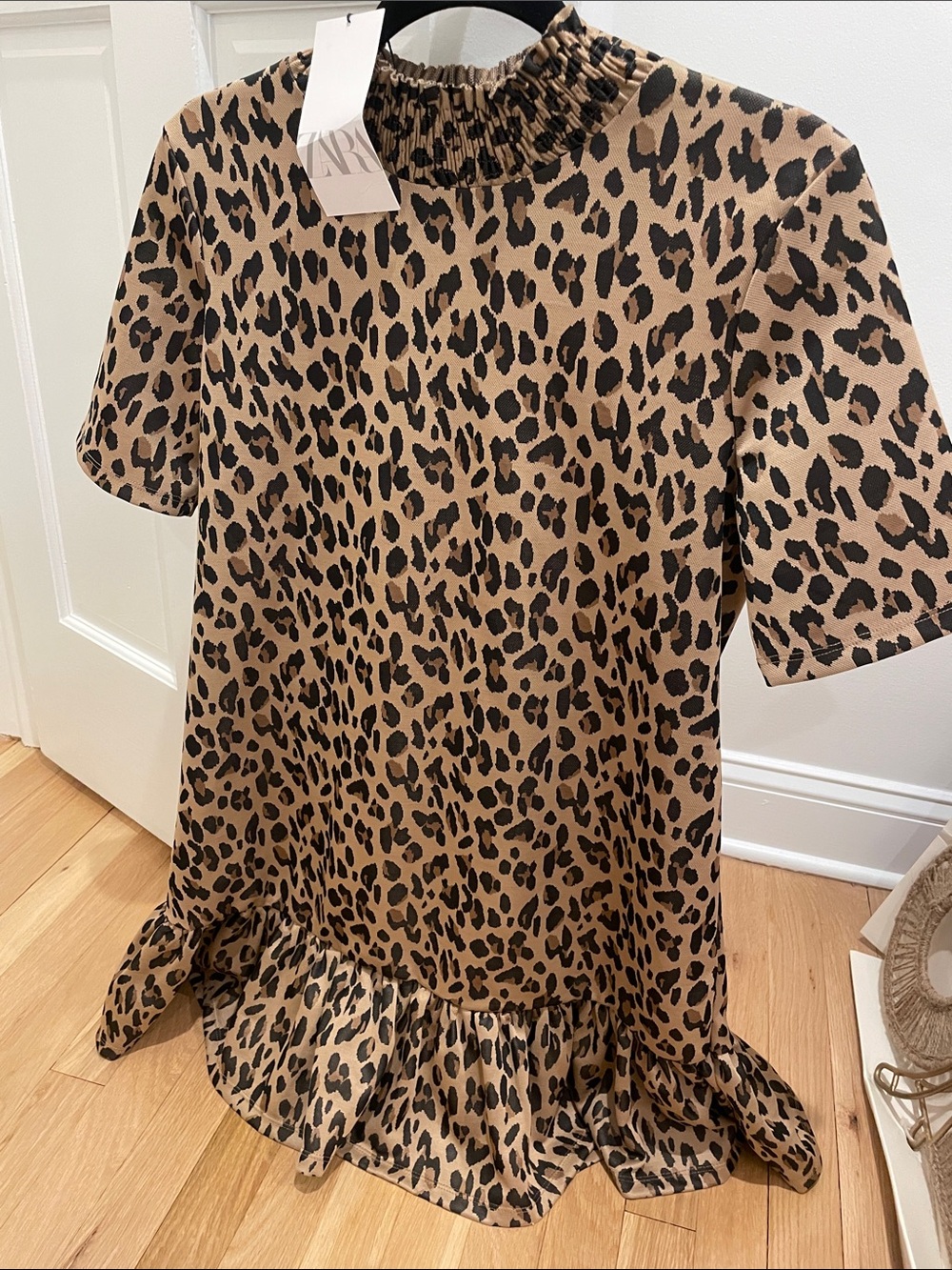 Zara Leopard Print Ruffle-Hem Mini Dress - Tan & Black